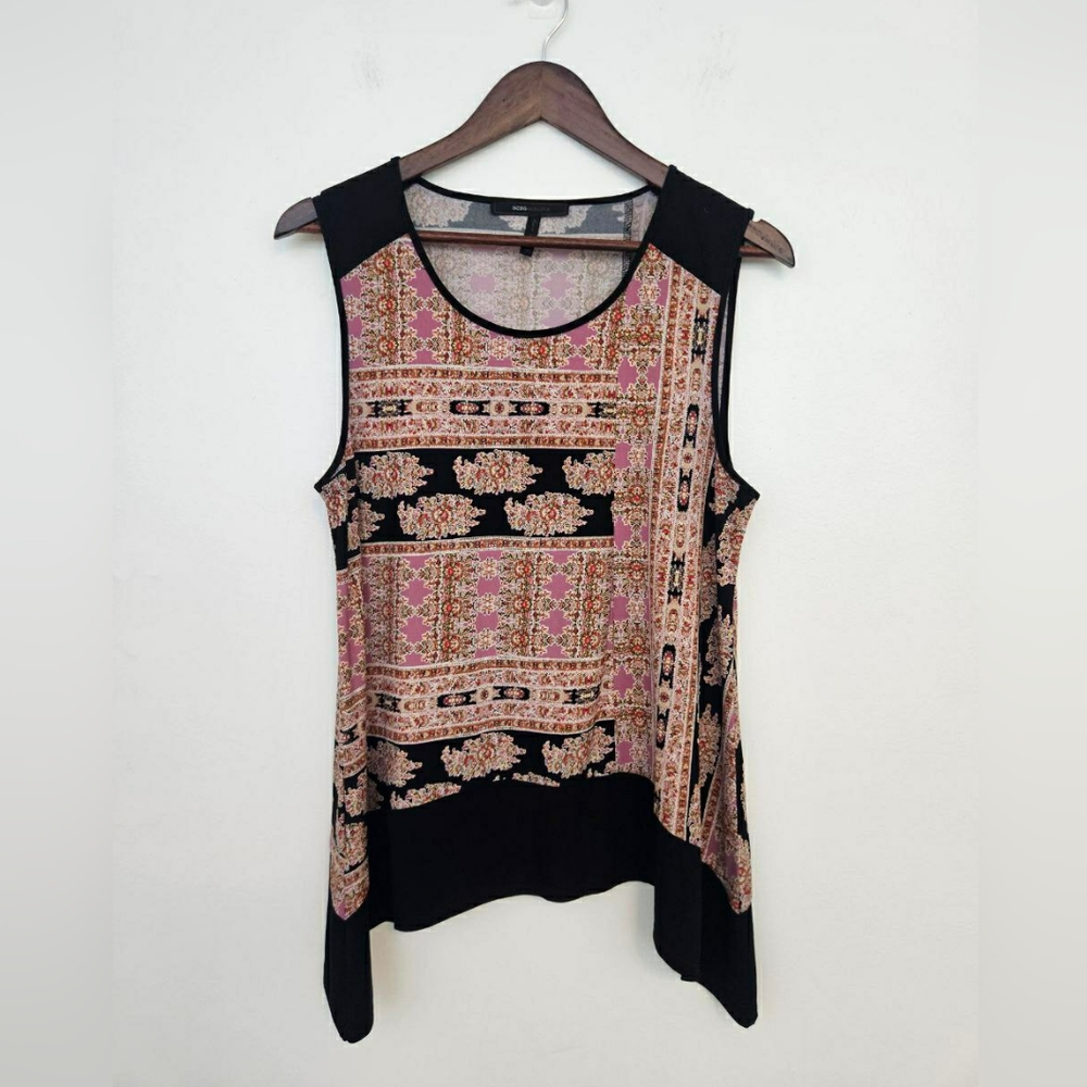 BCBGMaxAzria Black and Pink Geometric Tank Top Asymmetrical